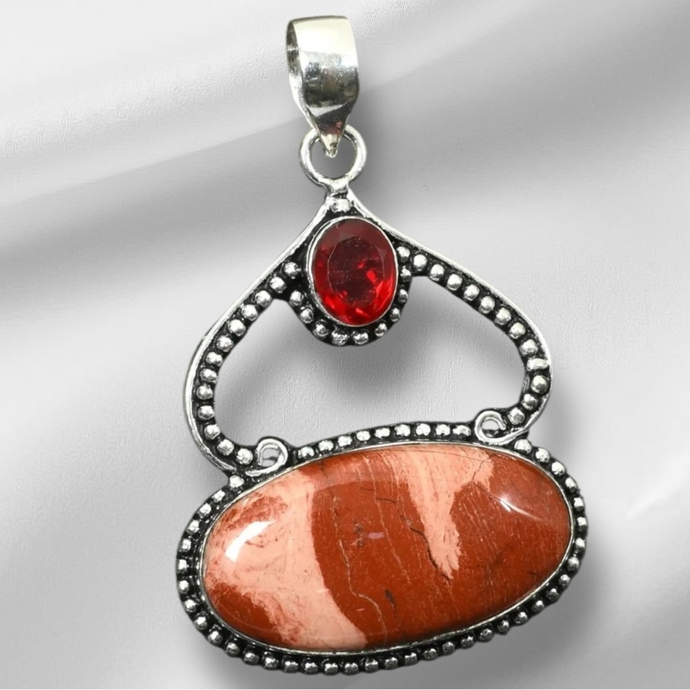 Artisan Silver Red Rainbow Jasper & Crystal Pendant Necklace Handcrafted